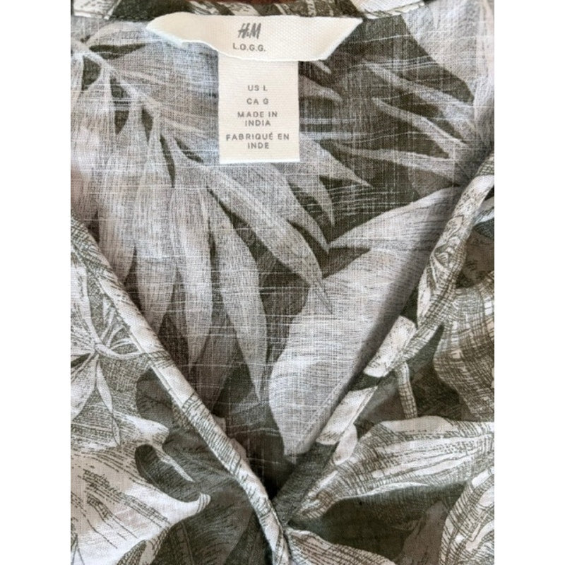 H&M L.O.G.G. Tropical Floral Blouse Women's Large Green White 100% Cotton