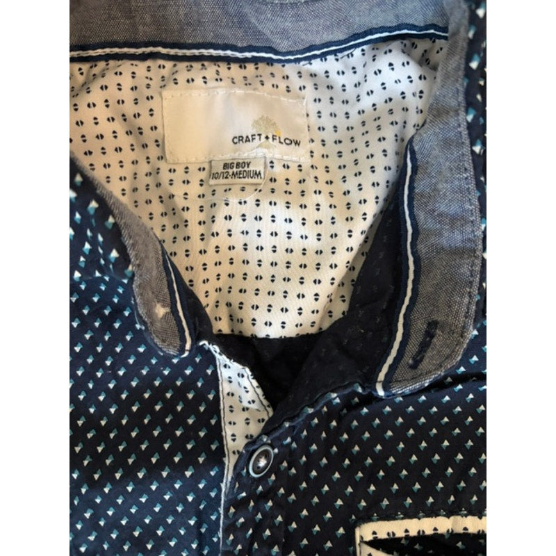 Craft + Flow Boys Button Front Shirt Size 10/12 Medium Navy Geometric Print
