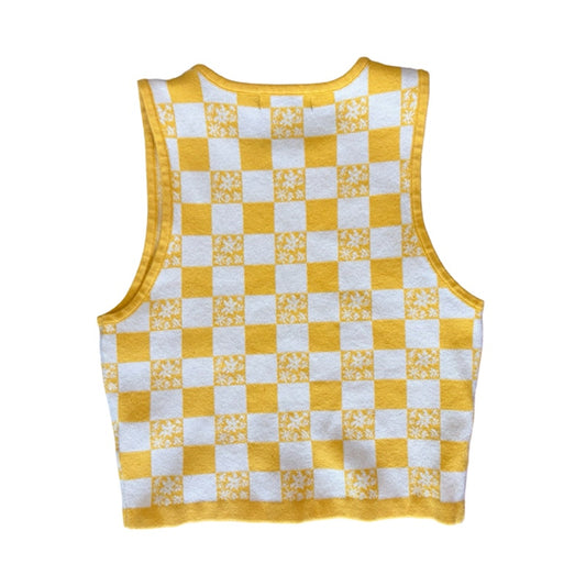 Forever 21 Checkered Sweater Tank Top Women's Medium Yellow White Knit Crop Top