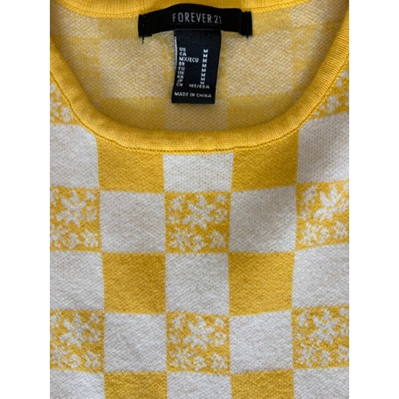 Forever 21 Checkered Sweater Tank Top Women's Medium Yellow White Knit Crop Top