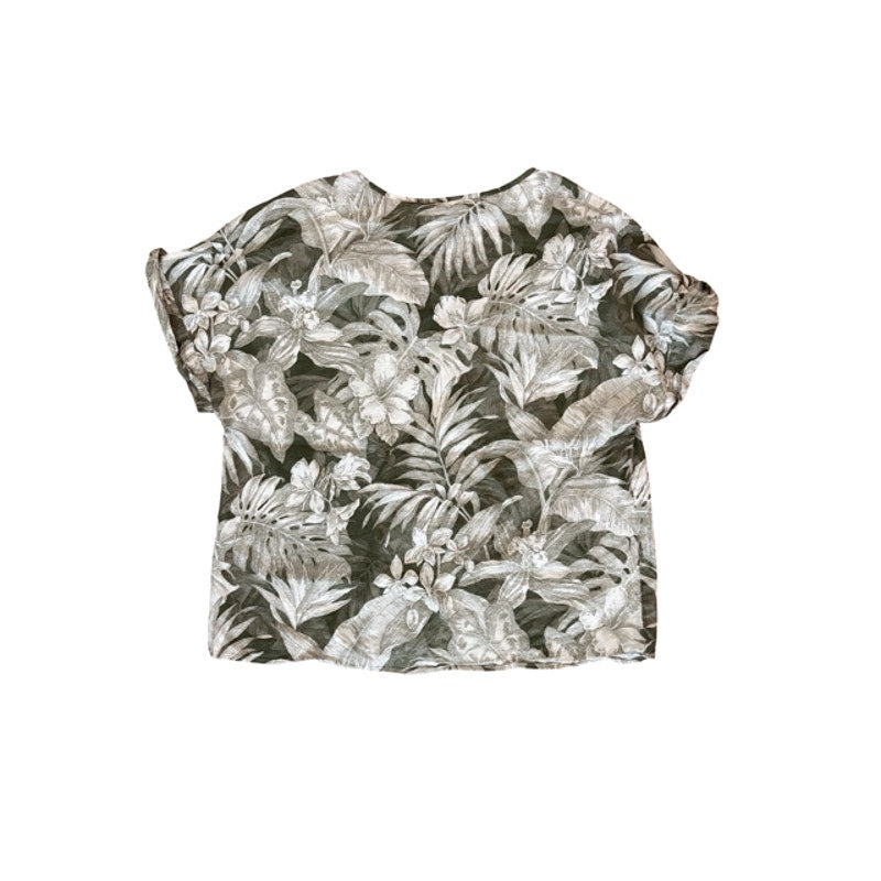 H&M L.O.G.G. Tropical Floral Blouse Women's Large Green White 100% Cotton