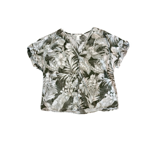 H&M L.O.G.G. Tropical Floral Blouse Women's Large Green White 100% Cotton