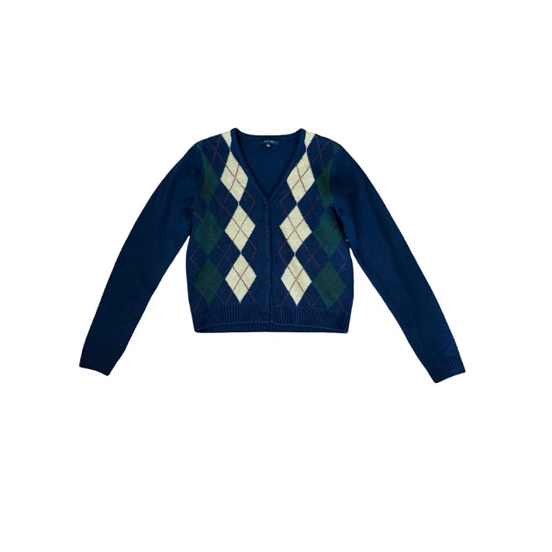 Love Tree Argyle Cardigan Sweater Women's Large Navy Blue Preppy Knit