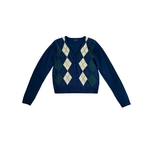 Love Tree Argyle Cardigan Sweater Women's Large Navy Blue Preppy Knit