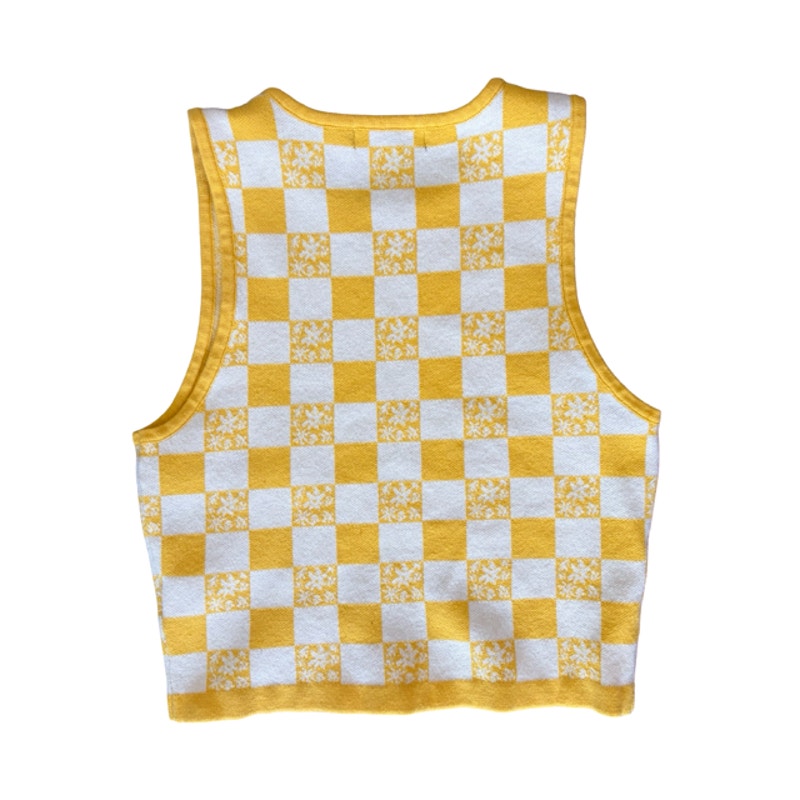 Forever 21 Checkered Sweater Tank Top Women's Medium Yellow White Knit Crop Top