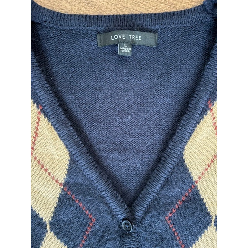 Love Tree Argyle Cardigan Sweater Women's Large Navy Blue Preppy Knit