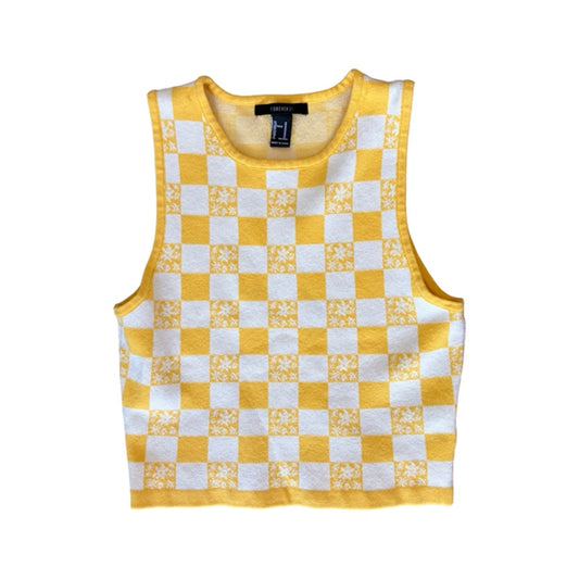 Forever 21 Checkered Sweater Tank Top Women's Medium Yellow White Knit Crop Top