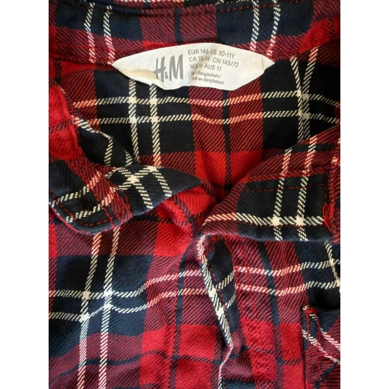H&M Boys Plaid Button Front Shirt Size 10-11Y Red Blue Long Sleeve Cotton